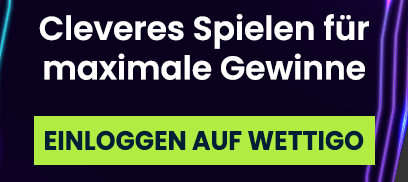 Banner mit Hinweis auf cleveres Spielen und grünem Einloggen Button für Wettigo