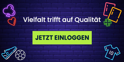 Neon Symbole vor dunkler Wand mit grünem Einloggen Button