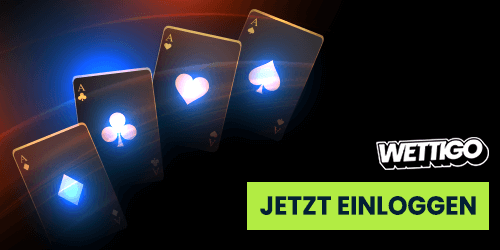 Glühende Spielkarten in dunkler Szene mit grünem Einloggen Button von Wettigo