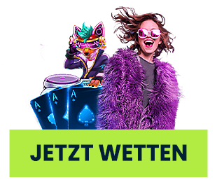 Frau in auffälligem Outfit neben Spielkarten und DJ Figur als visueller Einstieg in Wettigo Casinowetten