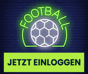 Leuchtender Fussball Schriftzug und Ball über grünem Einloggen Button